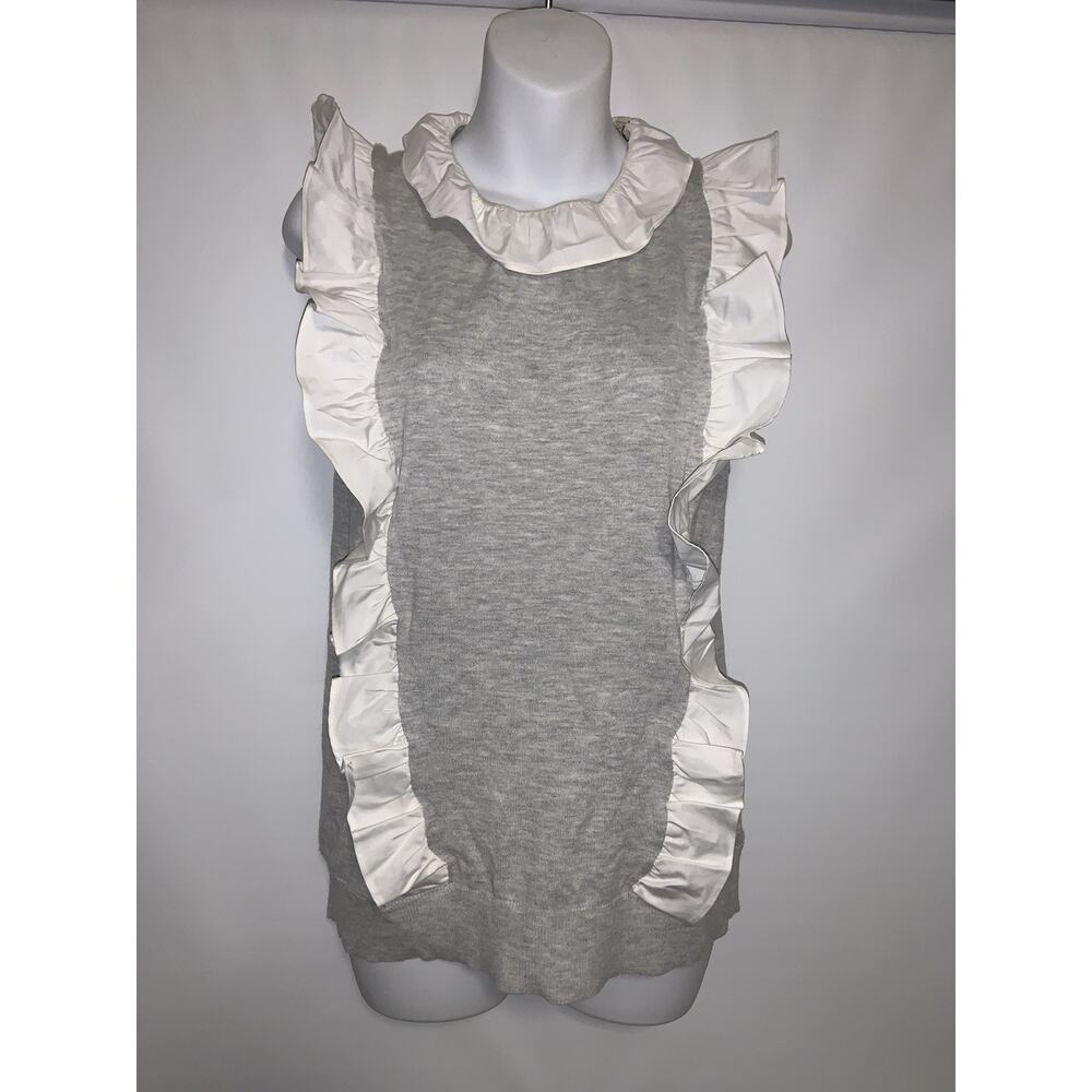 Ted Baker Womens Top Size 3 (6-8) Blouse Sleeveless Ruffle Gray And White